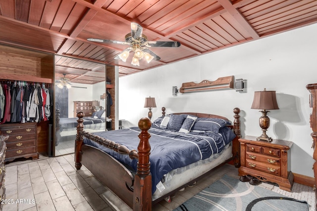 bedroom with ceiling fan, wooden ceiling, beam ceiling, and light wood-type flooring