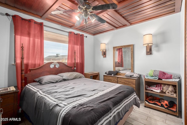 bedroom featuring ceiling fan, wood ceiling, and light wood-type flooring