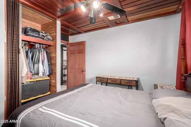 bedroom featuring ceiling fan and wooden ceiling