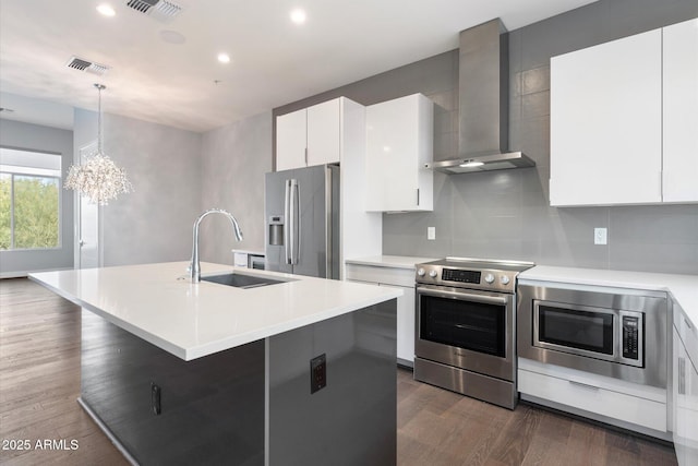 kitchen with a center island with sink, stainless steel appliances, sink, white cabinetry, and wall chimney range hood