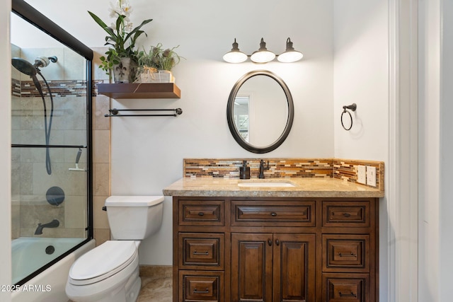 7734 E Monica Dr, Scottsdale, AZ 85255 - full bathroom with toilet, vanity, enclosed tub / shower combo, and tasteful backsplash