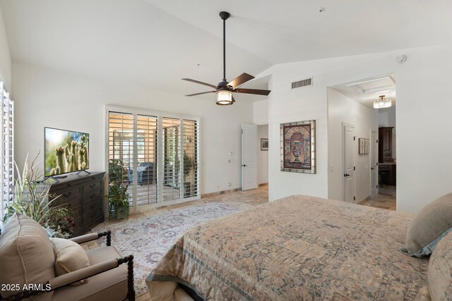 7734 E Monica Dr, Scottsdale, AZ 85255 - bedroom with lofted ceiling, access to outside, and ceiling fan