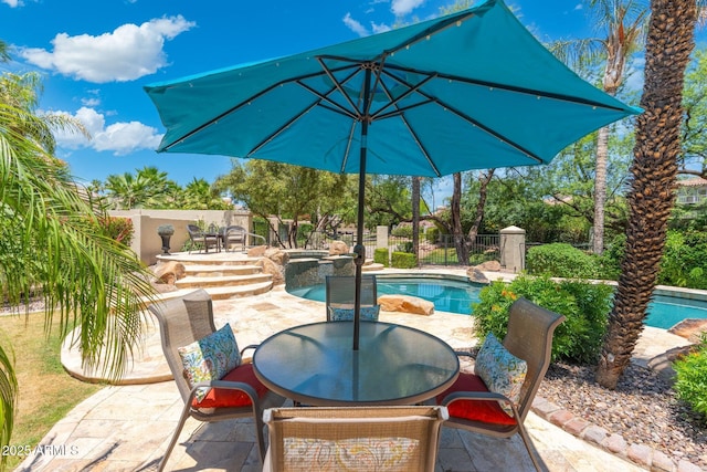 7734 E Monica Dr, Scottsdale, AZ 85255 - view of pool featuring a patio area, a fenced backyard, and outdoor dining area