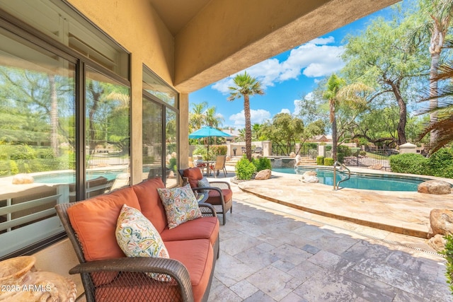 7734 E Monica Dr, Scottsdale, AZ 85255 - view of patio / terrace with outdoor lounge area and an outdoor hot tub