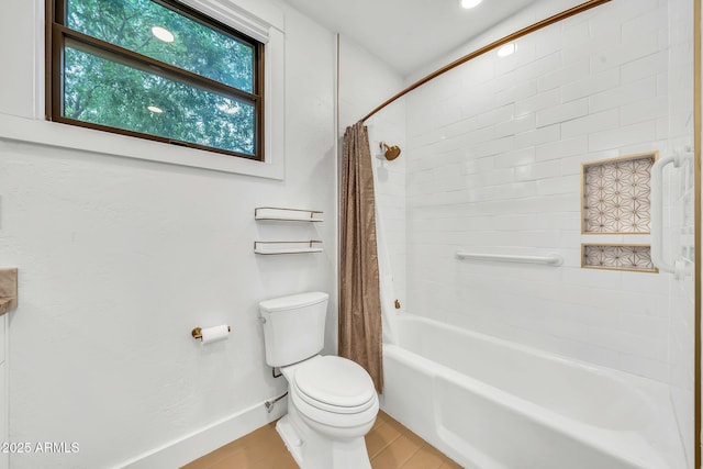 bathroom with toilet, shower / bath combination with curtain, baseboards, and wood finished floors