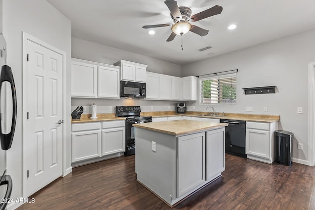 kitchen with black appliances, a kitchen island, dark hardwood / wood-style flooring, and white cabinetry