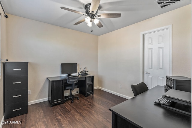 office space featuring ceiling fan and dark hardwood / wood-style flooring