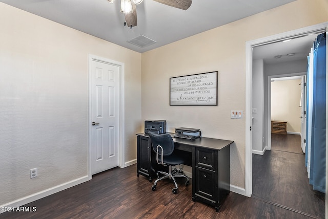 office space featuring ceiling fan and dark wood-type flooring