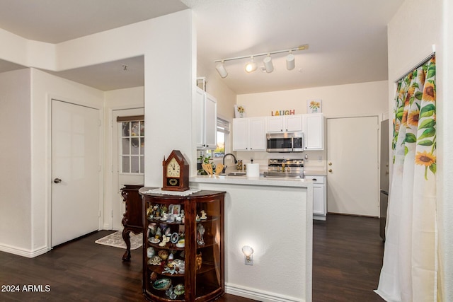 kitchen with white cabinets, dark hardwood / wood-style flooring, stainless steel appliances, sink, and kitchen peninsula