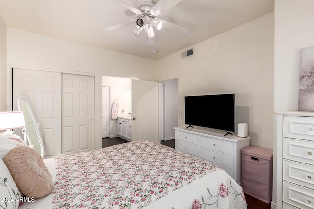 bedroom featuring ceiling fan and a closet