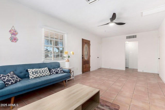 living area with a ceiling fan, visible vents, baseboards, and light tile patterned floors