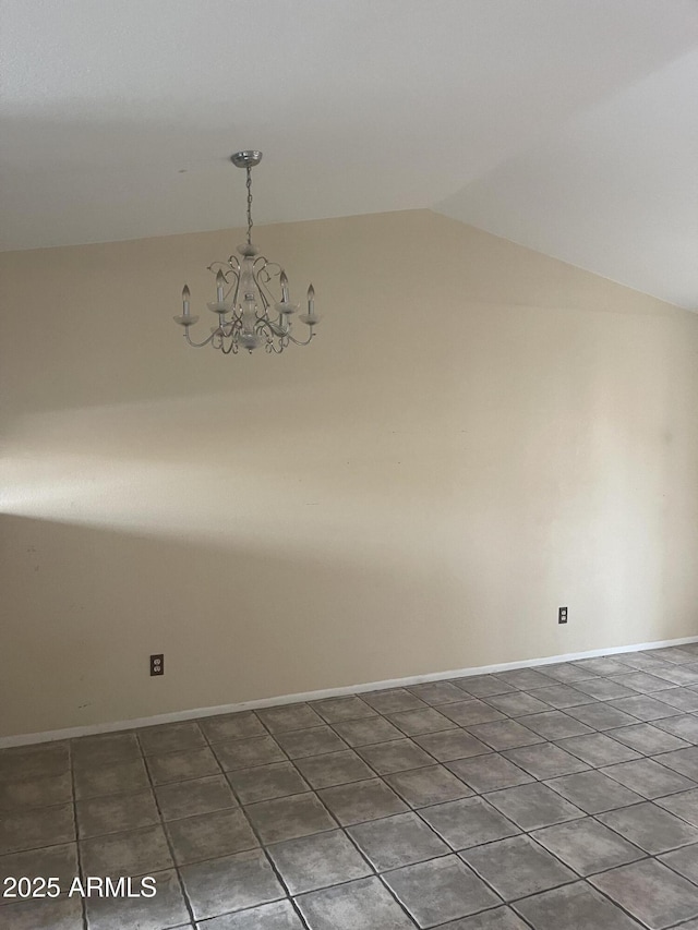 653 W Guadalupe Rd Unit 2019, Mesa, AZ 85210 - spare room with a chandelier, vaulted ceiling, tile patterned flooring, and baseboards
