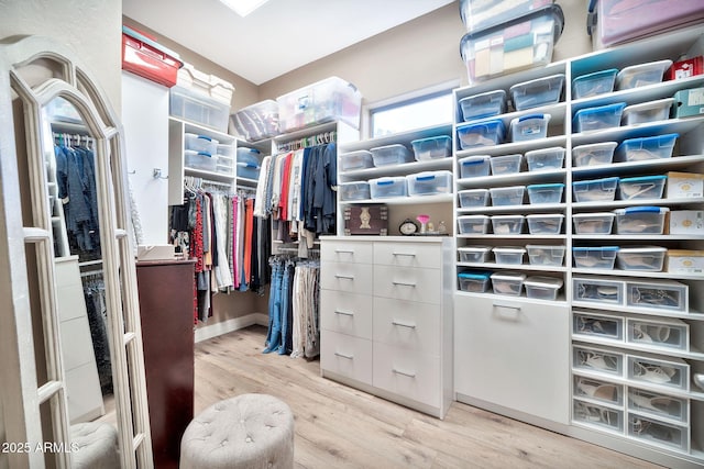 walk in closet with light wood-type flooring