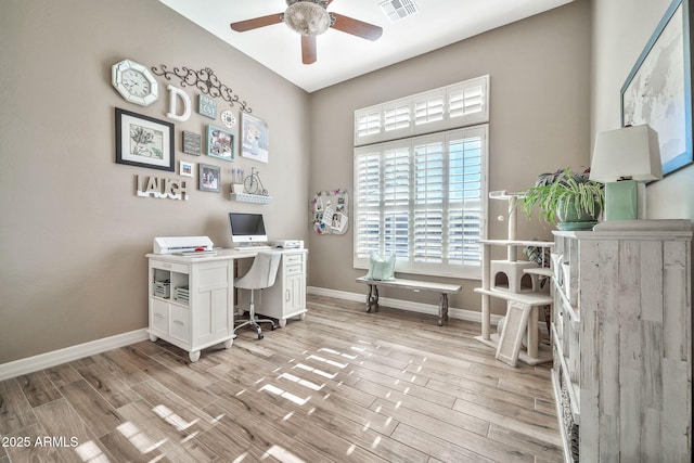 home office featuring light hardwood / wood-style floors and ceiling fan