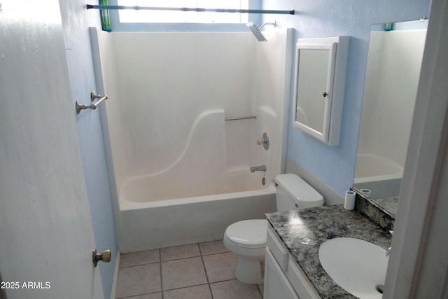 full bath featuring toilet, vanity,  shower combination, and tile patterned floors