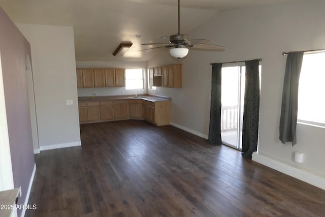 kitchen featuring a sink, dark wood-style flooring, light brown cabinets, and baseboards