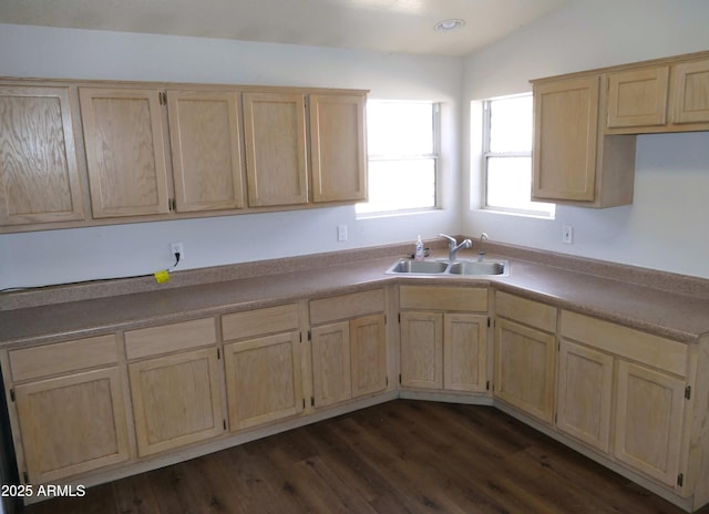 kitchen with vaulted ceiling, dark wood-type flooring, a sink, and light brown cabinetry