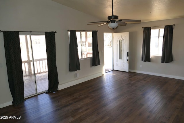 entryway featuring vaulted ceiling, dark wood-style flooring, and a healthy amount of sunlight