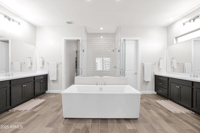 bathroom featuring vanity and separate shower and tub