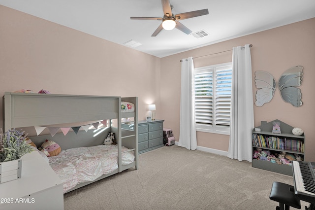 bedroom featuring light carpet and ceiling fan