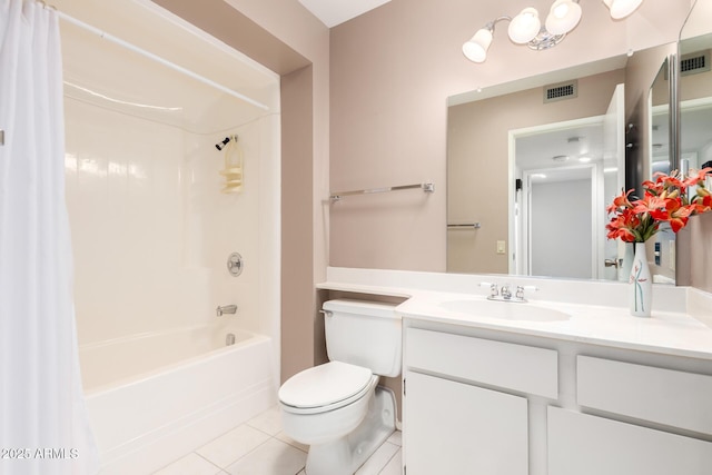 bathroom with visible vents, toilet, shower / bath combo with shower curtain, vanity, and tile patterned flooring