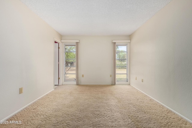 empty room featuring carpet, a healthy amount of sunlight, a textured ceiling, and baseboards