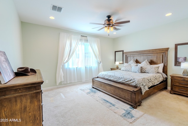 carpeted bedroom featuring ceiling fan