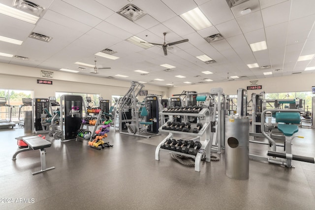 exercise room with ceiling fan and a drop ceiling