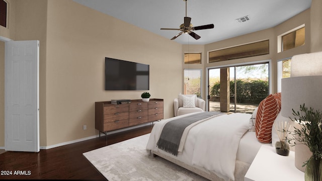 bedroom with access to exterior, dark wood-type flooring, and ceiling fan