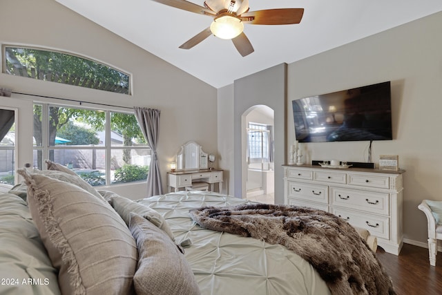 bedroom with ceiling fan, high vaulted ceiling, and dark hardwood / wood-style floors