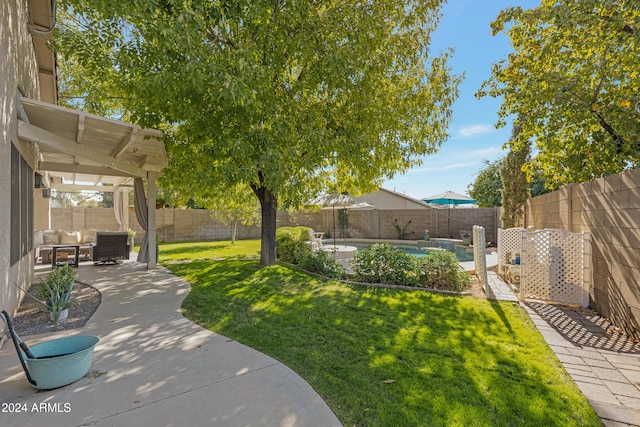 view of yard with a fenced in pool, central AC unit, a patio, and an outdoor hangout area