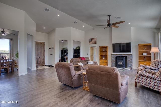 1014 Etta Ln, Show Low, AZ 85901 - living room with a ceiling fan, wood finished floors, high vaulted ceiling, recessed lighting, and baseboards