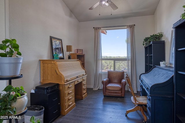 1014 Etta Ln, Show Low, AZ 85901 - home office with a ceiling fan, dark wood-type flooring, vaulted ceiling, and baseboards