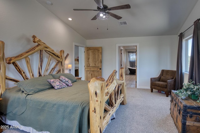 1014 Etta Ln, Show Low, AZ 85901 - bedroom with vaulted ceiling, light carpet, baseboards, recessed lighting, and ceiling fan