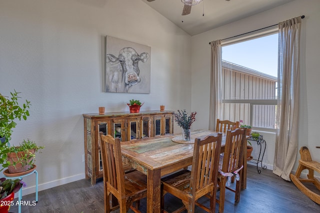 1014 Etta Ln, Show Low, AZ 85901 - dining room featuring a ceiling fan, dark wood-type flooring, baseboards, and lofted ceiling