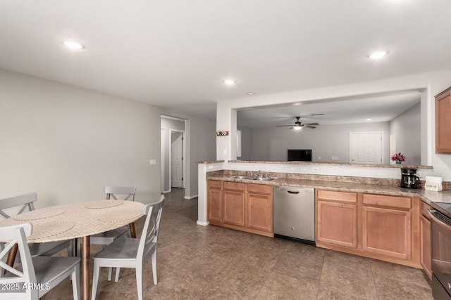 kitchen featuring a ceiling fan, recessed lighting, electric range oven, a sink, and stainless steel dishwasher