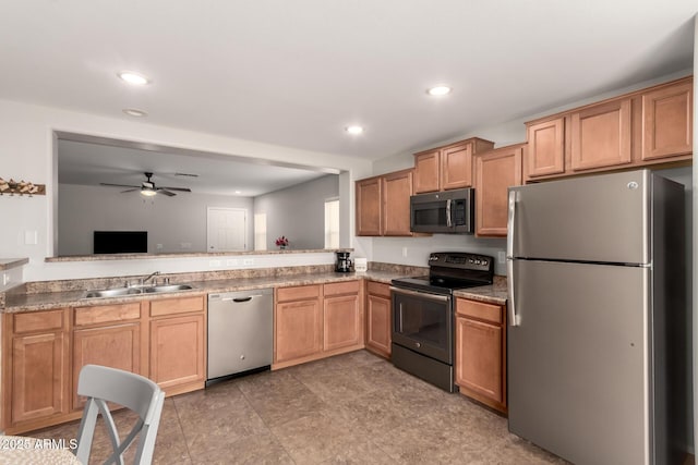 kitchen with a ceiling fan, visible vents, recessed lighting, a sink, and stainless steel appliances