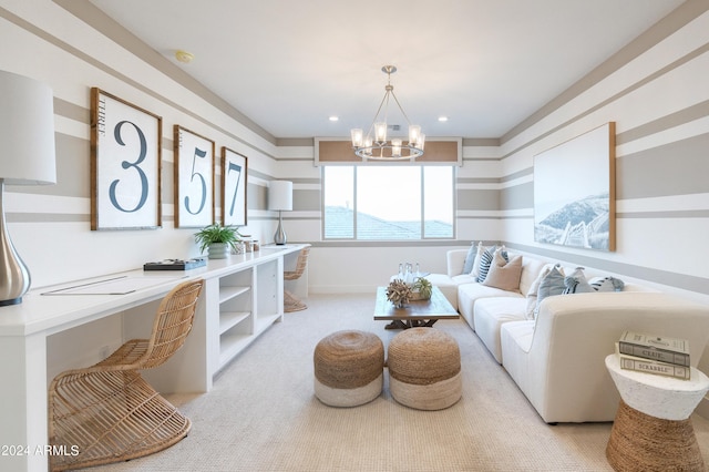 carpeted living room with a notable chandelier