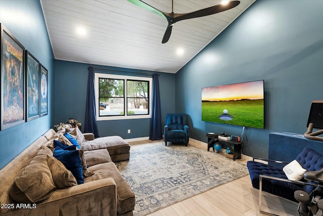 living area with wood ceiling, baseboards, vaulted ceiling, and wood finished floors