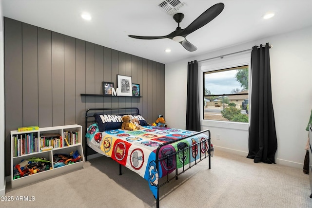 bedroom with recessed lighting, carpet flooring, visible vents, and a ceiling fan