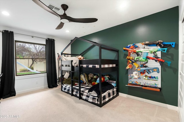 bedroom with ceiling fan, recessed lighting, carpet floors, visible vents, and baseboards