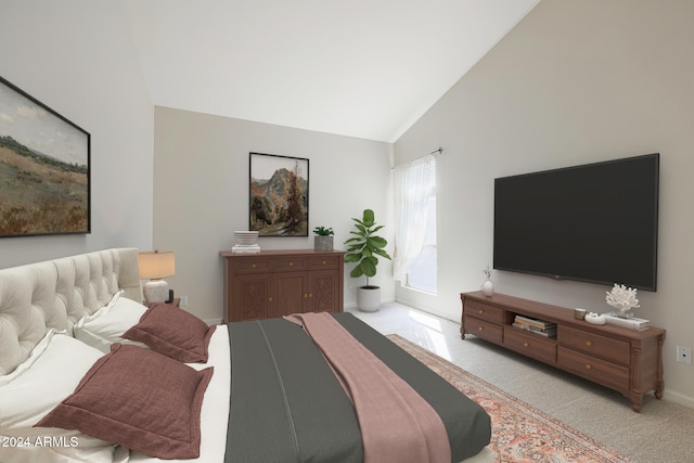 bedroom featuring light carpet and high vaulted ceiling