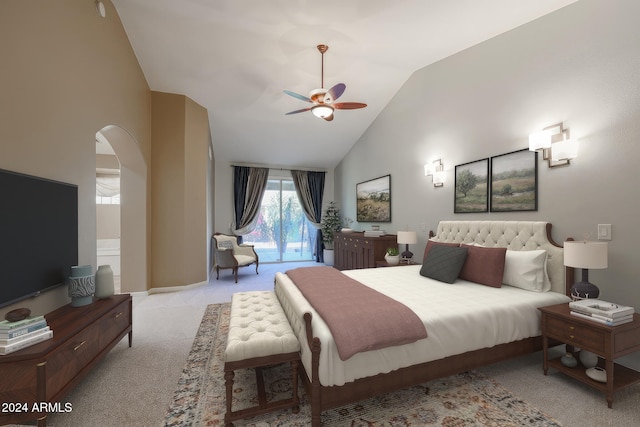 carpeted bedroom featuring access to outside, high vaulted ceiling, and ceiling fan