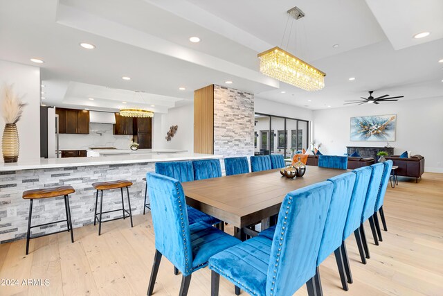 dining room featuring recessed lighting, ceiling fan, and light wood finished floors