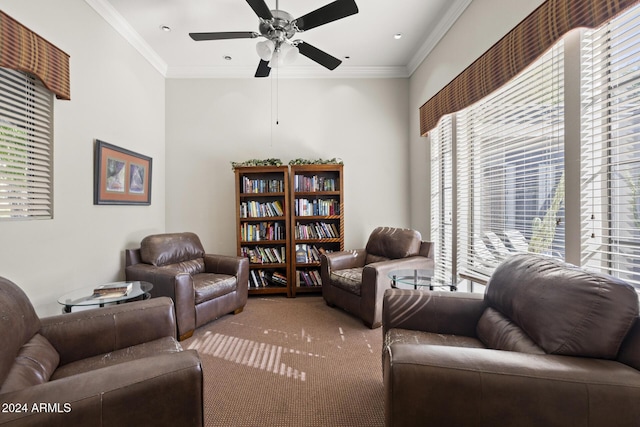 carpeted living room featuring ceiling fan and crown molding