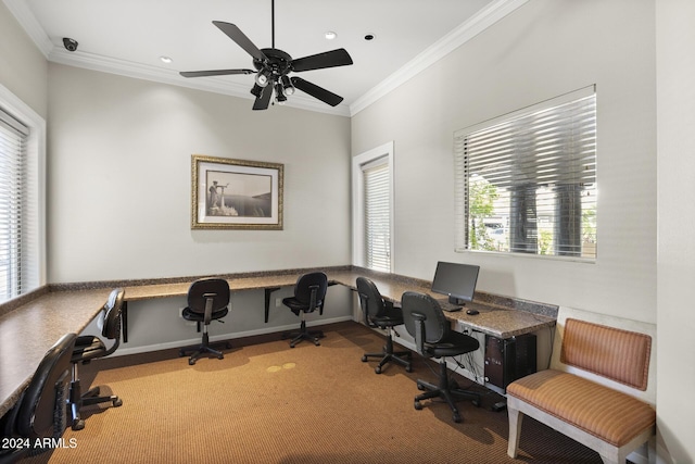 office featuring built in desk, ceiling fan, and ornamental molding