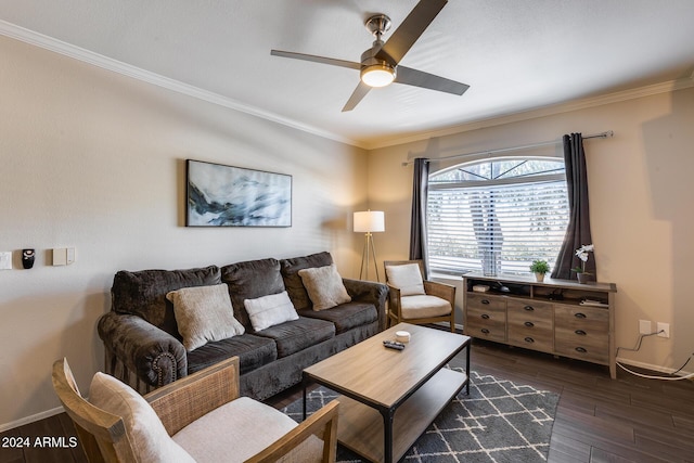 living room featuring ceiling fan and ornamental molding