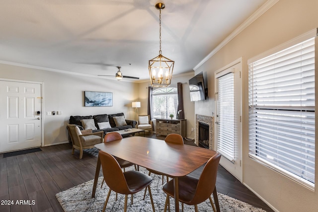 dining space with ceiling fan with notable chandelier, dark wood-type flooring, and ornamental molding