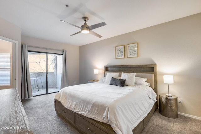 carpeted bedroom featuring access to outside and ceiling fan