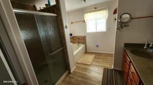 bathroom featuring vanity, separate shower and tub, and wood-type flooring